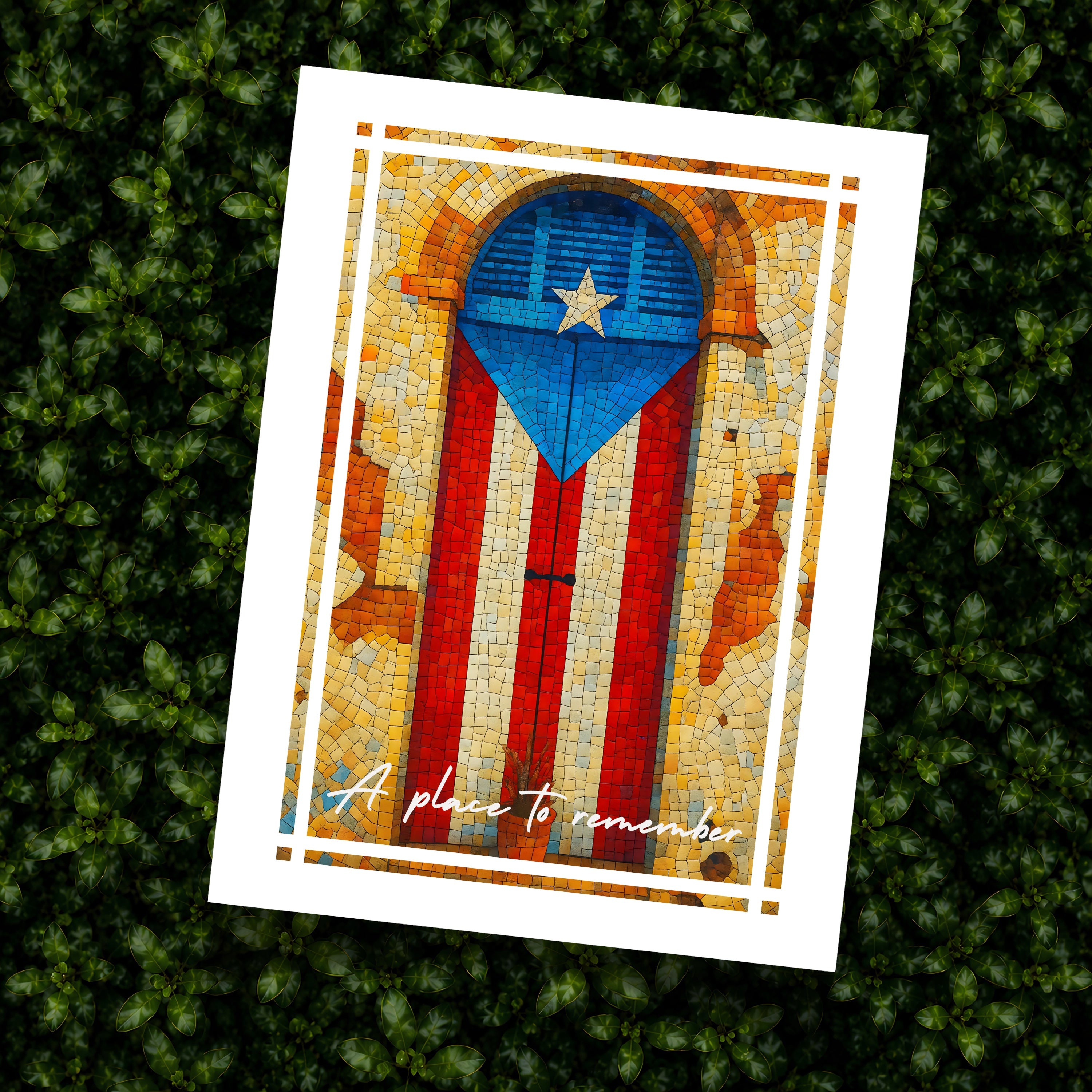 Chévereh Mosaic art print of Puerto Rican flag on a rustic doorway with a blue arched window and a single star.