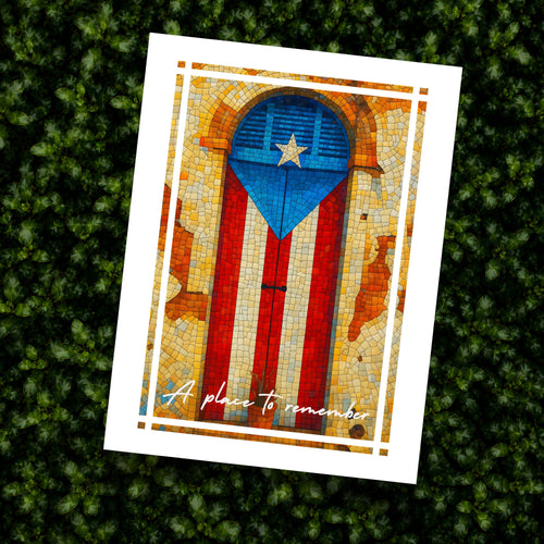 Chévereh Mosaic art print of Puerto Rican flag on a rustic doorway with a blue arched window and a single star.