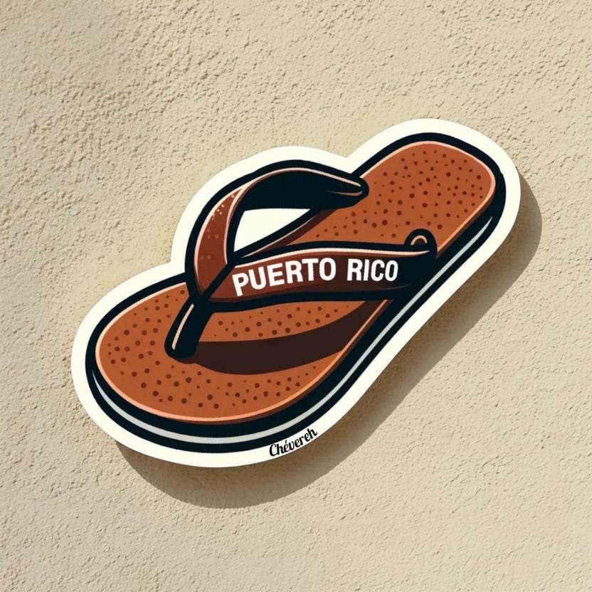 Chévereh Puerto Rico flip-flop vinyl sticker with brown textured sole and black straps. Waterproof glossy finish.