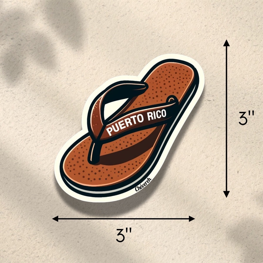 Chévereh Puerto Rico flip-flop vinyl sticker, brown with white border, waterproof and glossy finish.