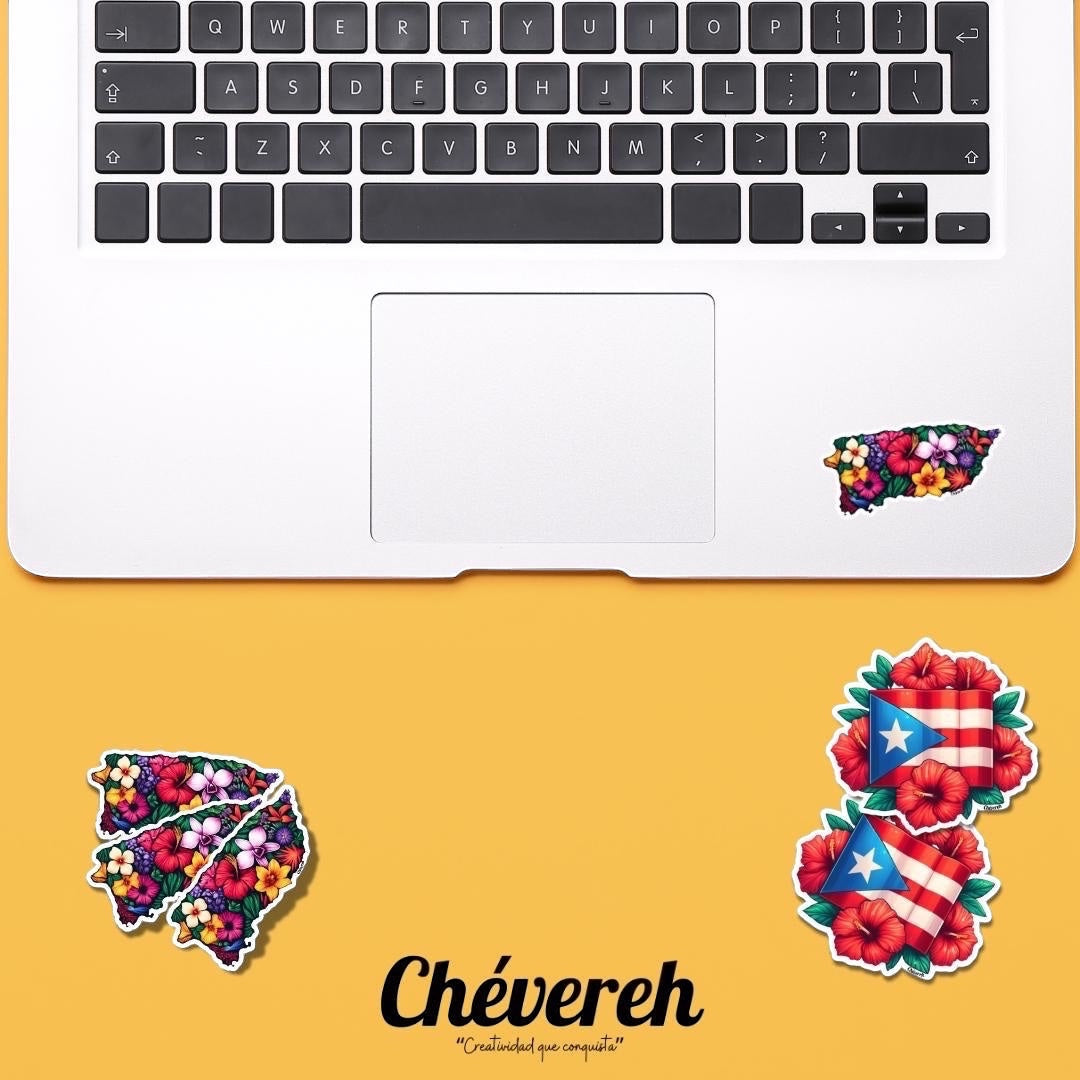 Chévereh Puerto Rico map sticker filled with colorful tropical flowers and greenery, die-cut vinyl.