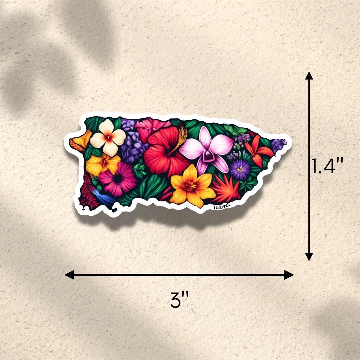Chévereh Puerto Rico floral map sticker, die-cut vinyl with tropical flowers in vibrant colors.