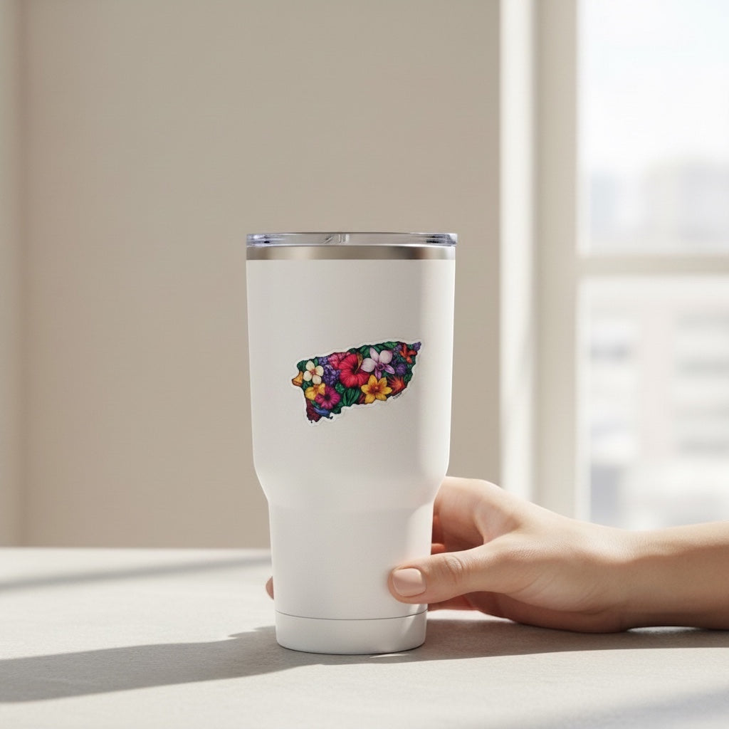 Chévereh sticker shaped like Puerto Rico, filled with colorful hibiscus and orchids.