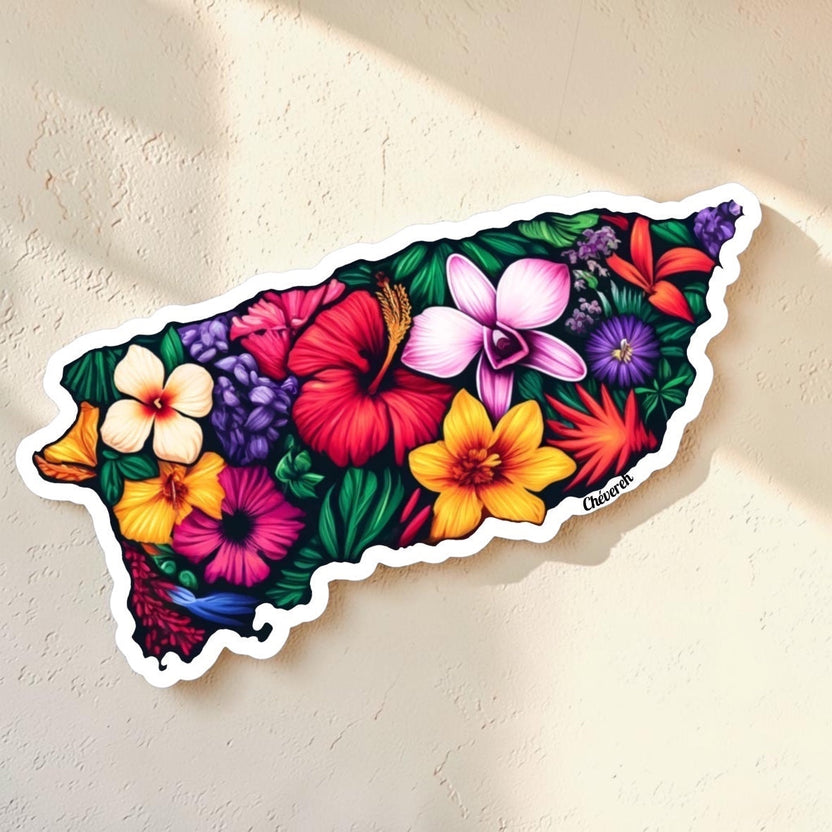 Chévereh sticker shaped like Puerto Rico filled with vibrant hibiscus, orchids, and tropical flowers in red, yellow, purple, and pink.