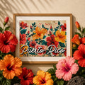 Chévereh Hibiscus art print featuring vibrant red, orange, yellow, and pink flowers with "Puerto Rico" script.