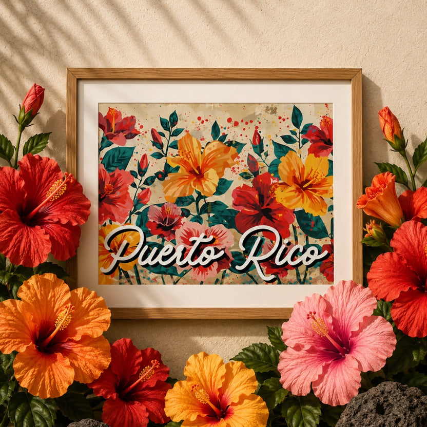 Chévereh Hibiscus art print featuring vibrant red, orange, yellow, and pink flowers with "Puerto Rico" script.