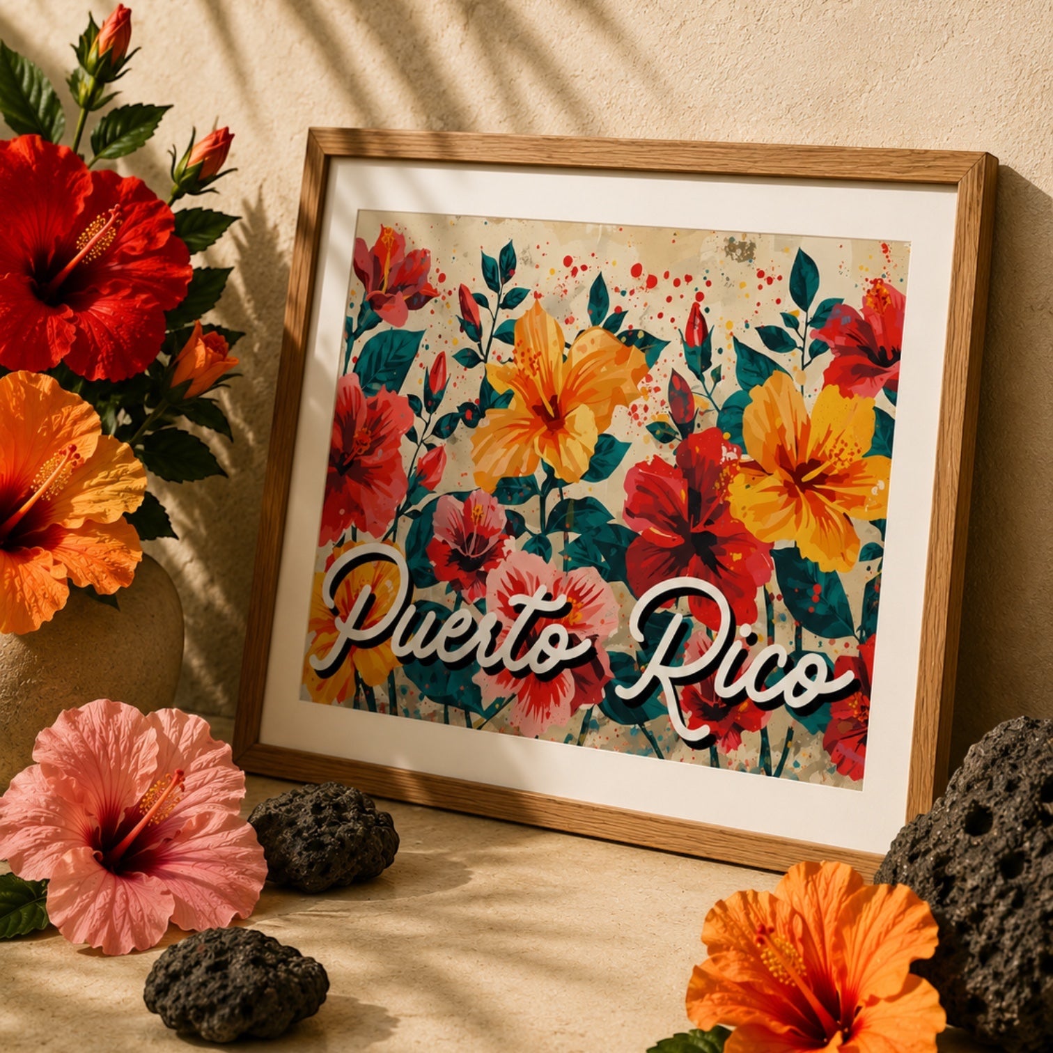 Chévereh Digital Art Print of Puerto Rico Hibiscus flowers in red, orange, yellow, and pink. Vintage textured background.