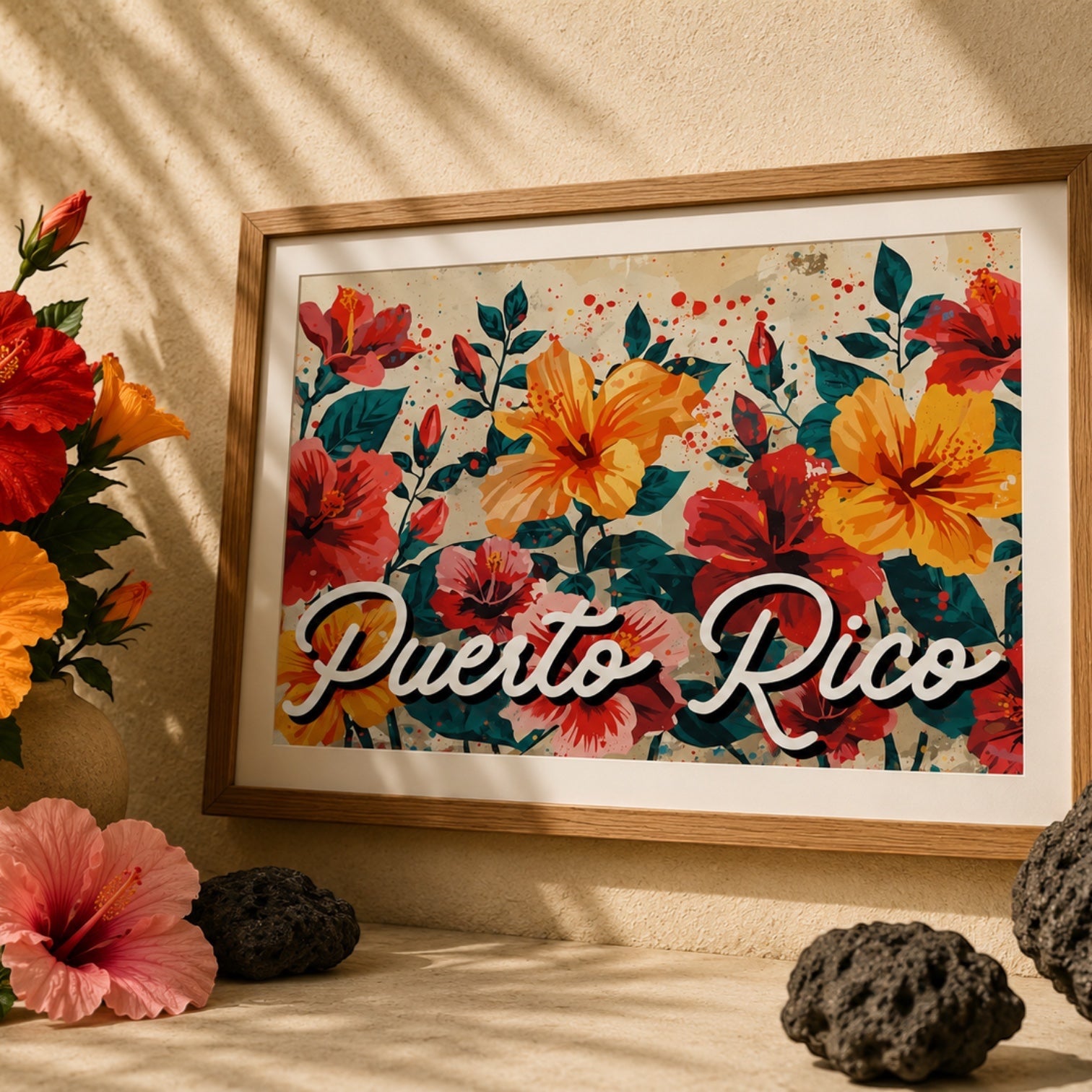 Chévereh Hibiscus art print featuring vibrant red, orange, and pink flowers with "Puerto Rico" script.