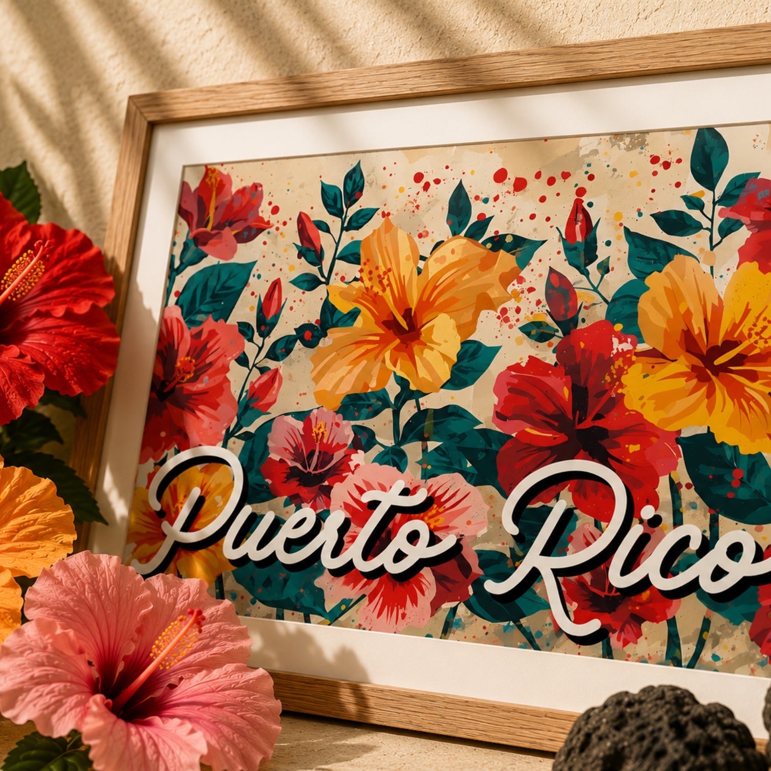 Chévereh digital art print of Puerto Rico hibiscus flowers in red, orange, yellow, and pink with "Puerto Rico" script.