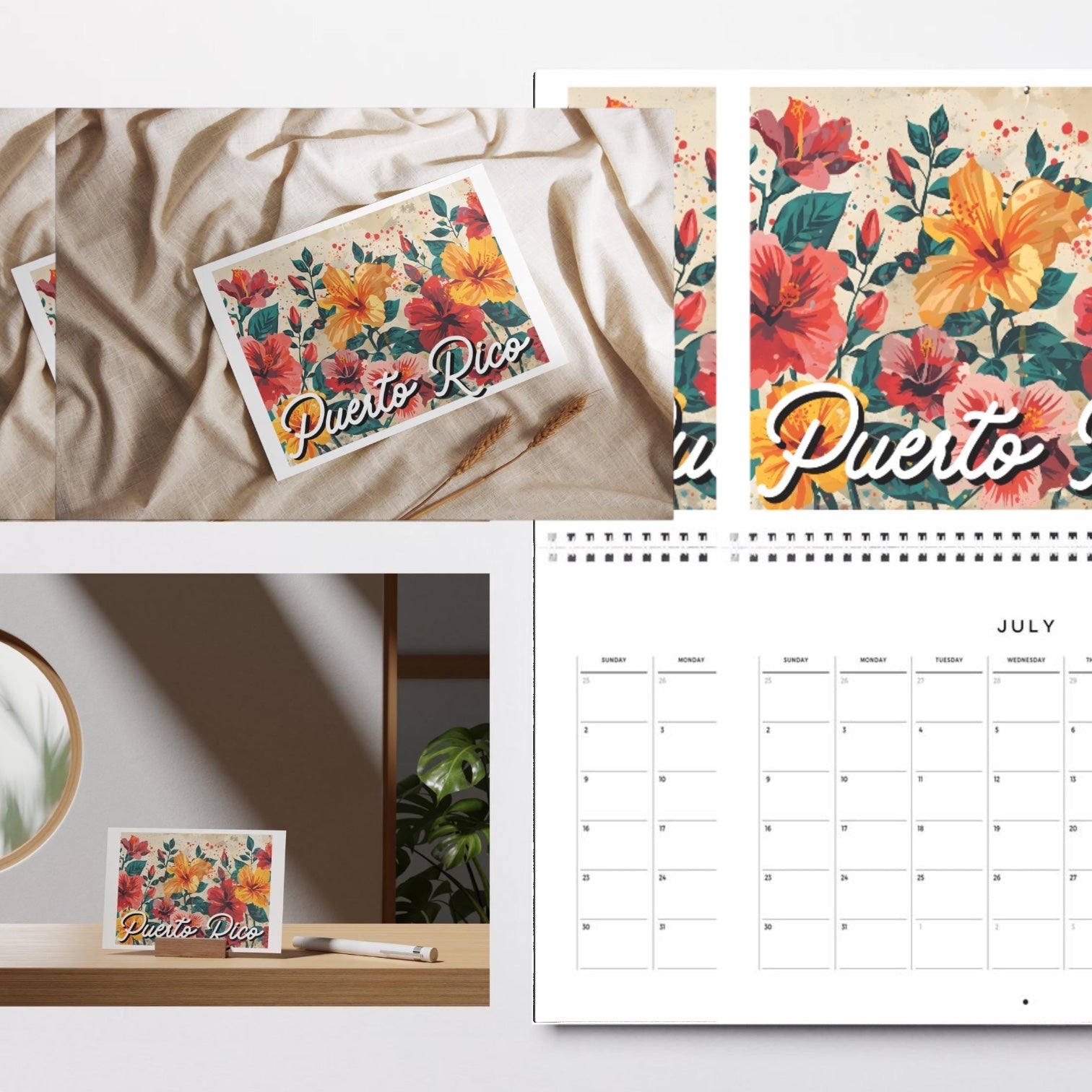 Chévereh Hibiscus art print featuring vibrant red, orange, and yellow flowers with "Puerto Rico" script.