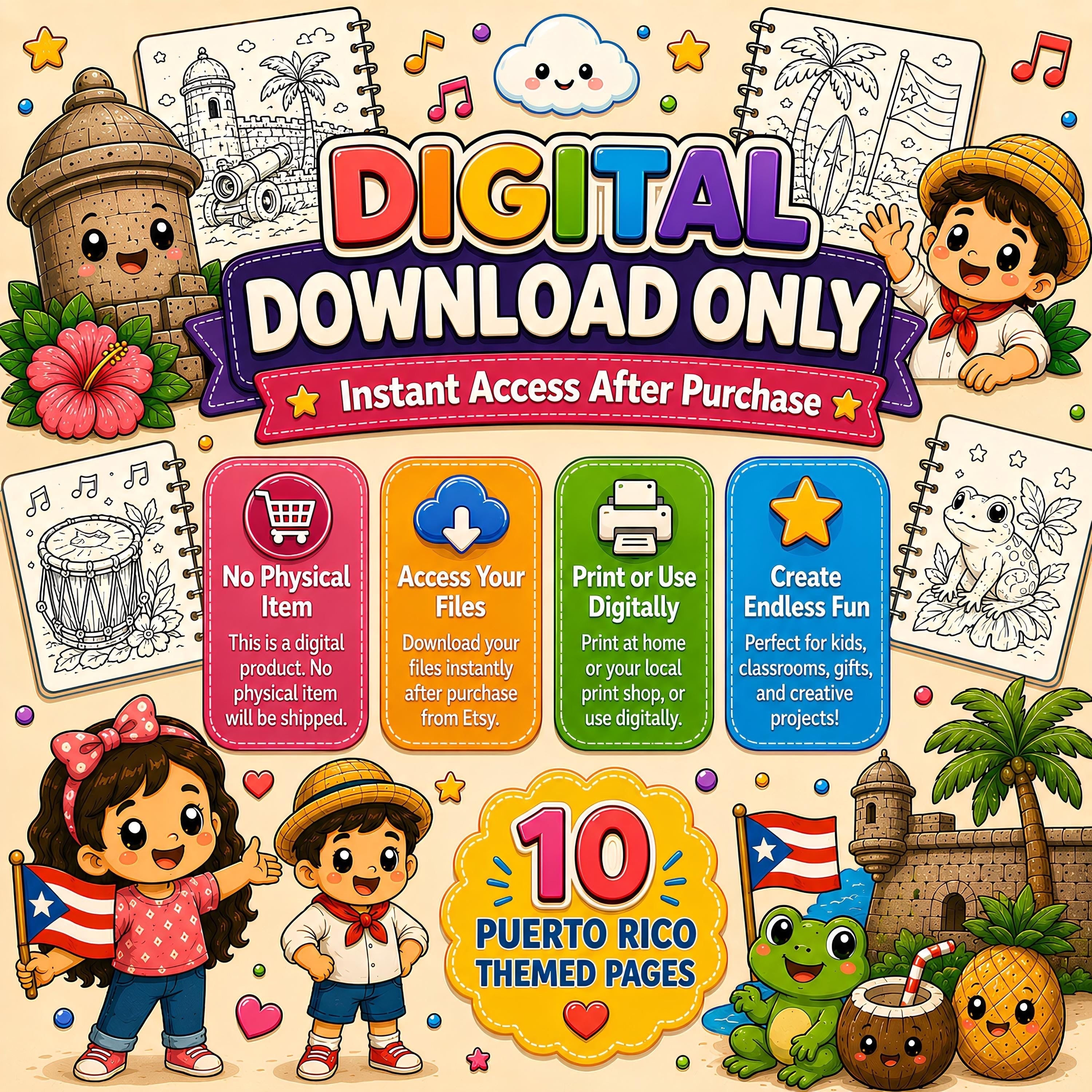 Chévereh Tiny Puerto Rico kawaii coloring book digital download featuring 10 printable pages with cute cultural icons.