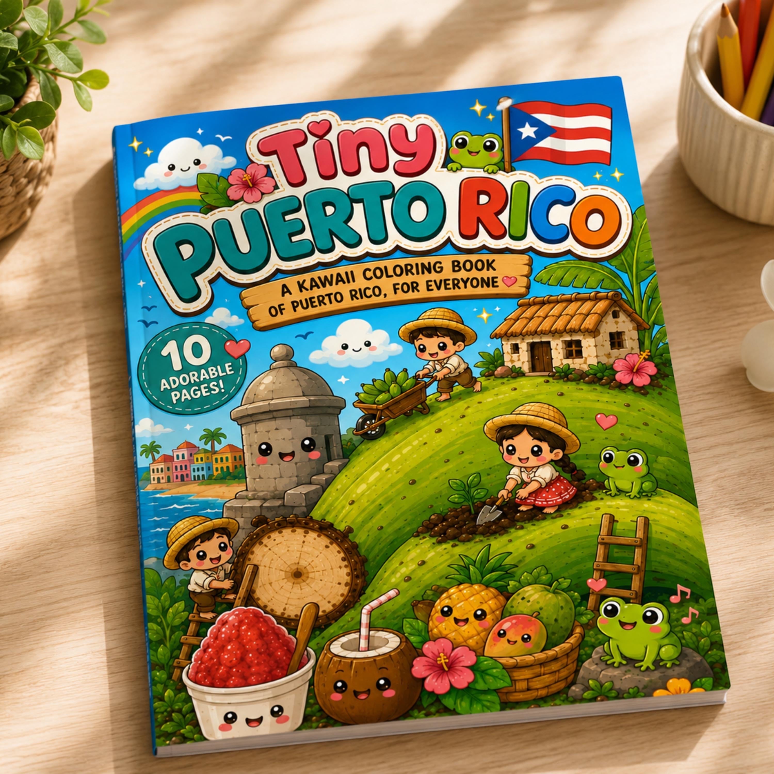 Chévereh Tiny Puerto Rico kawaii coloring book featuring cute illustrations of coqui frogs and tropical scenery.