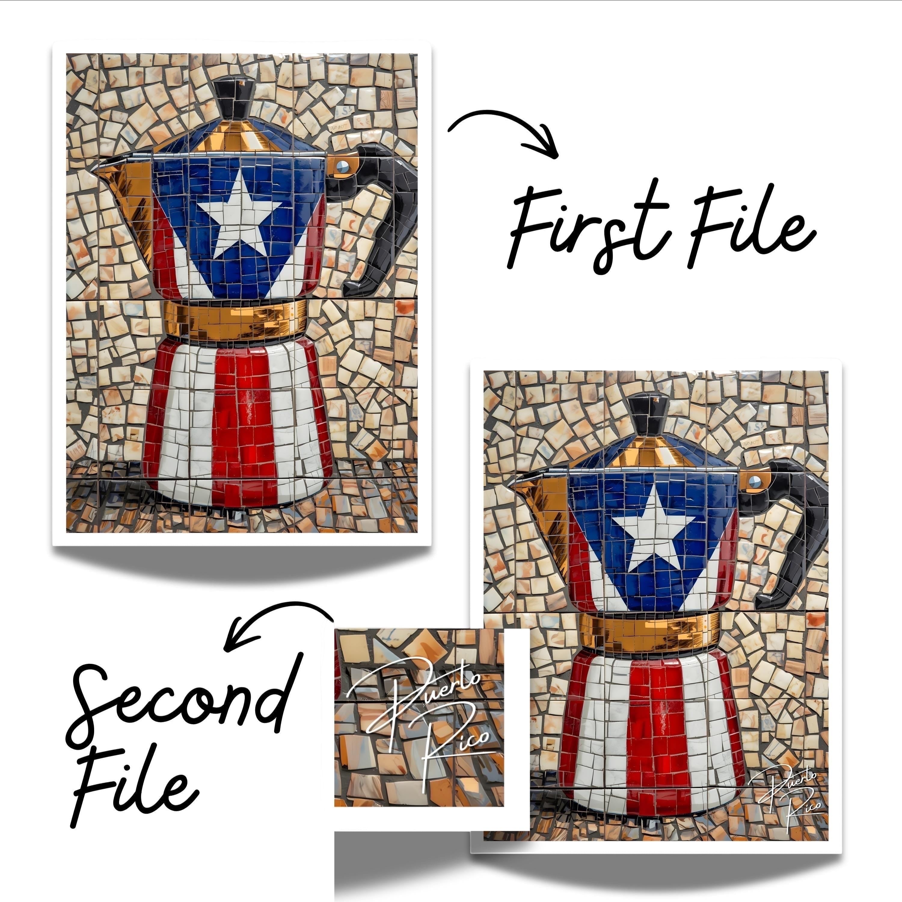 Chévereh Gold Greca Puerto Rico flag Moka pot digital art print with mosaic background.