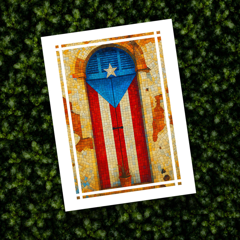 Chévereh Mosaic Art Print of Puerto Rican flag on a rustic doorway with a potted plant.