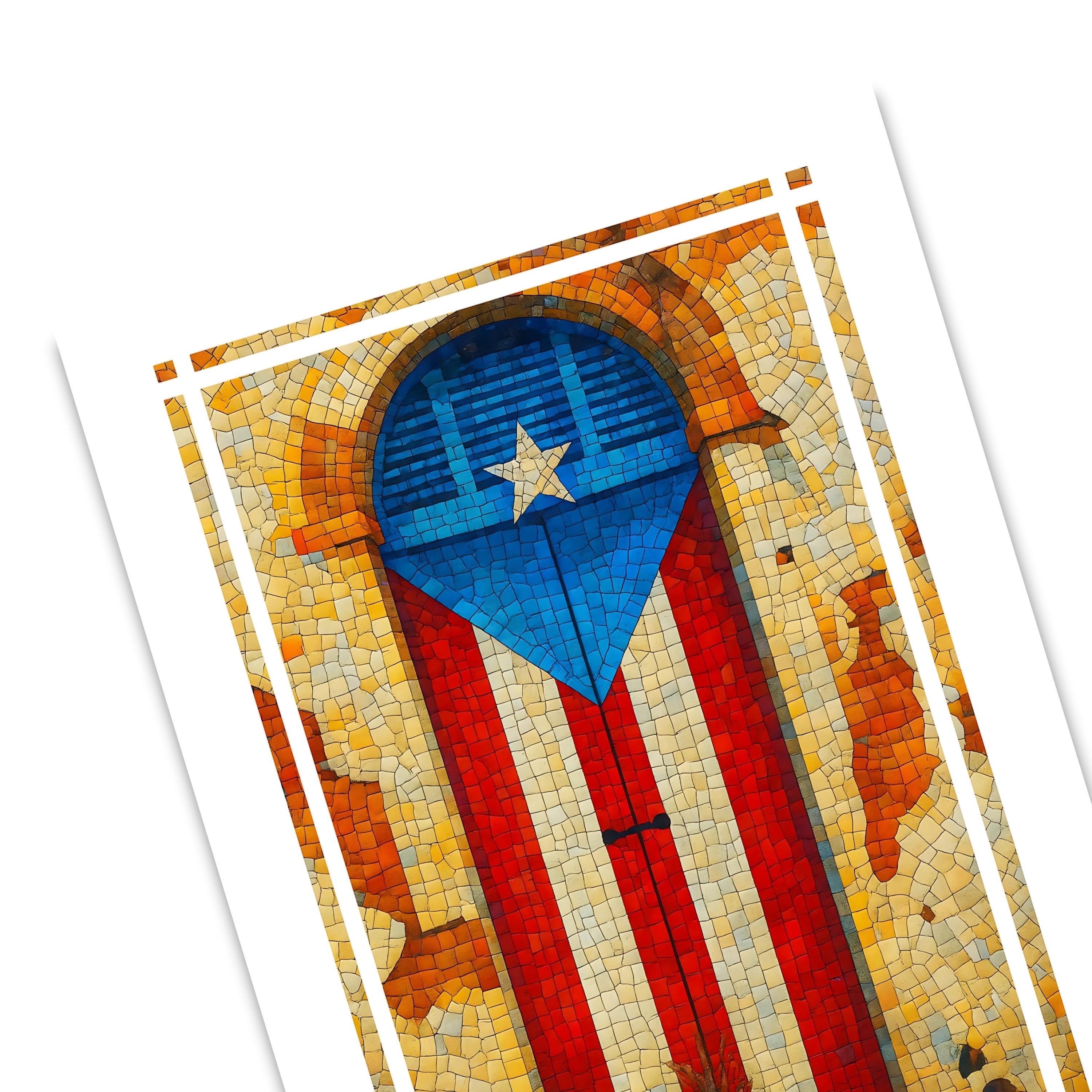 Chévereh Mosaic Art Print of Puerto Rican flag on a rustic doorway, featuring red and white stripes, a blue field with a white star, and a textured tile design.