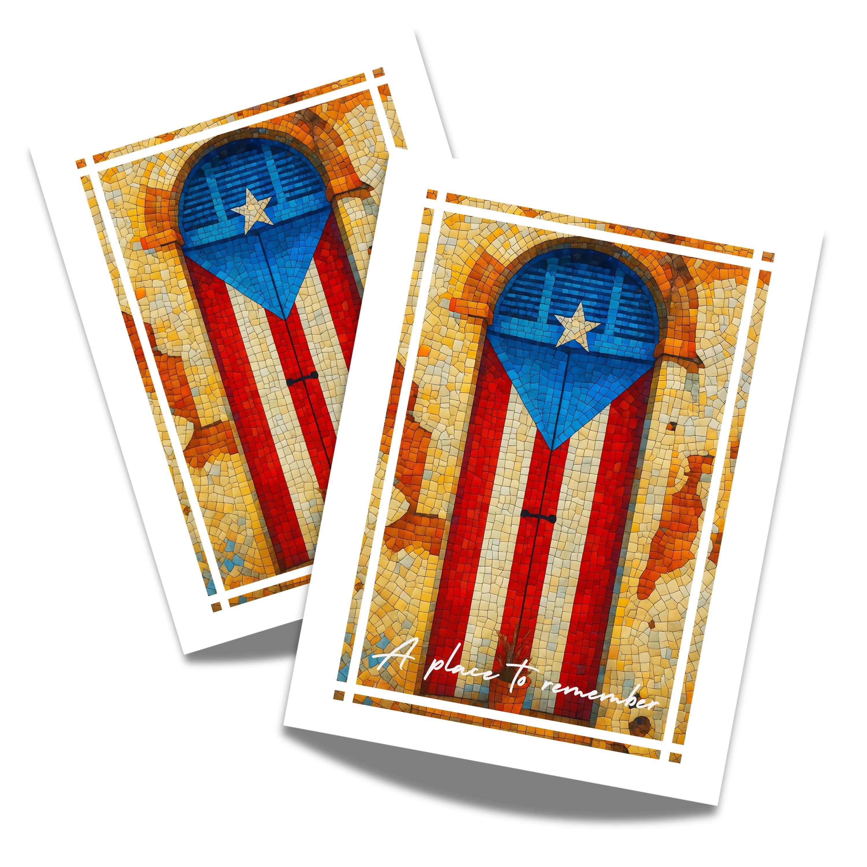 Chévereh Mosaic art print of Puerto Rican flag on a rustic doorway, featuring colorful tiles and a single star.