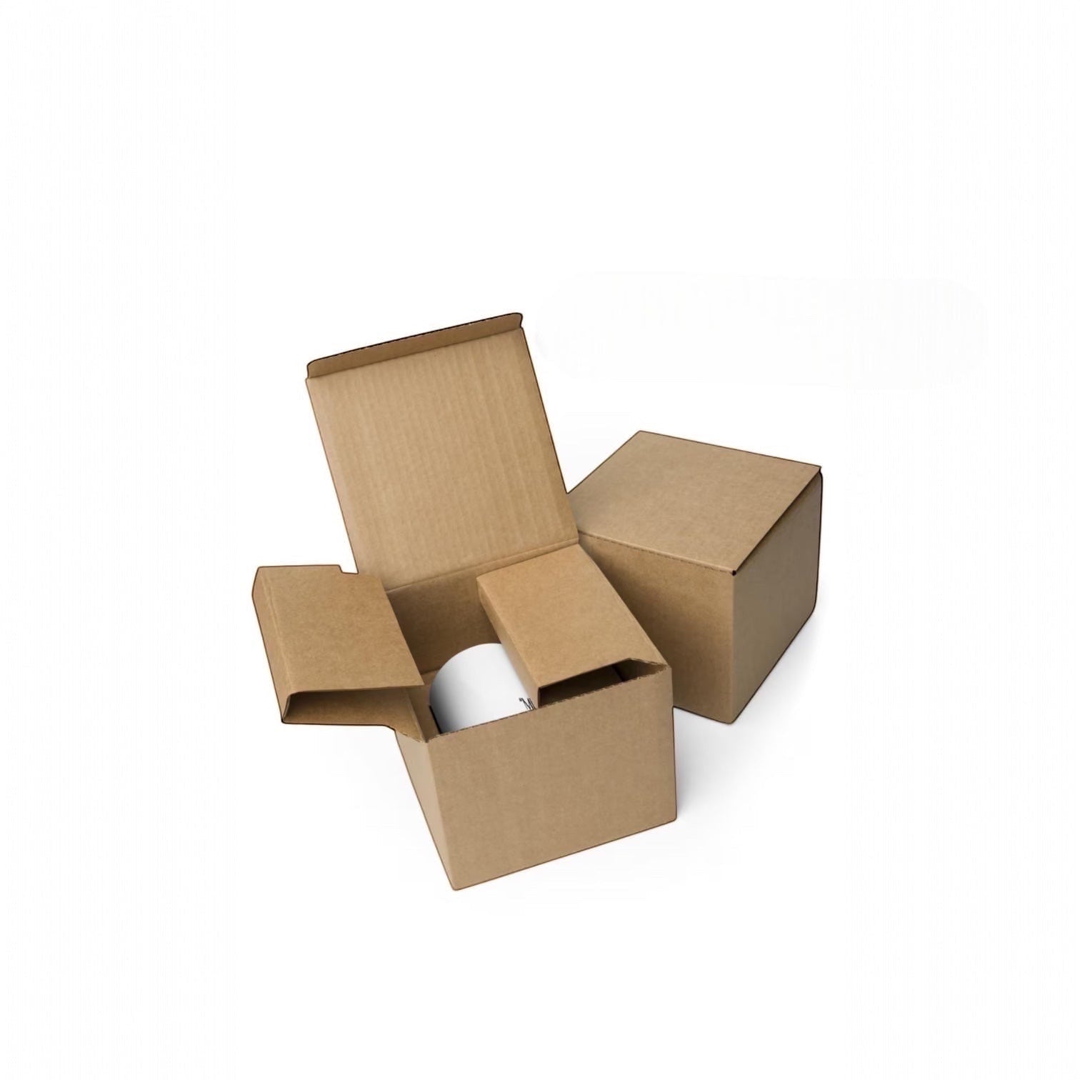 Chévereh Island Vibes white ceramic mug with black Puerto Rico outline and hibiscus flowers, in open cardboard box.