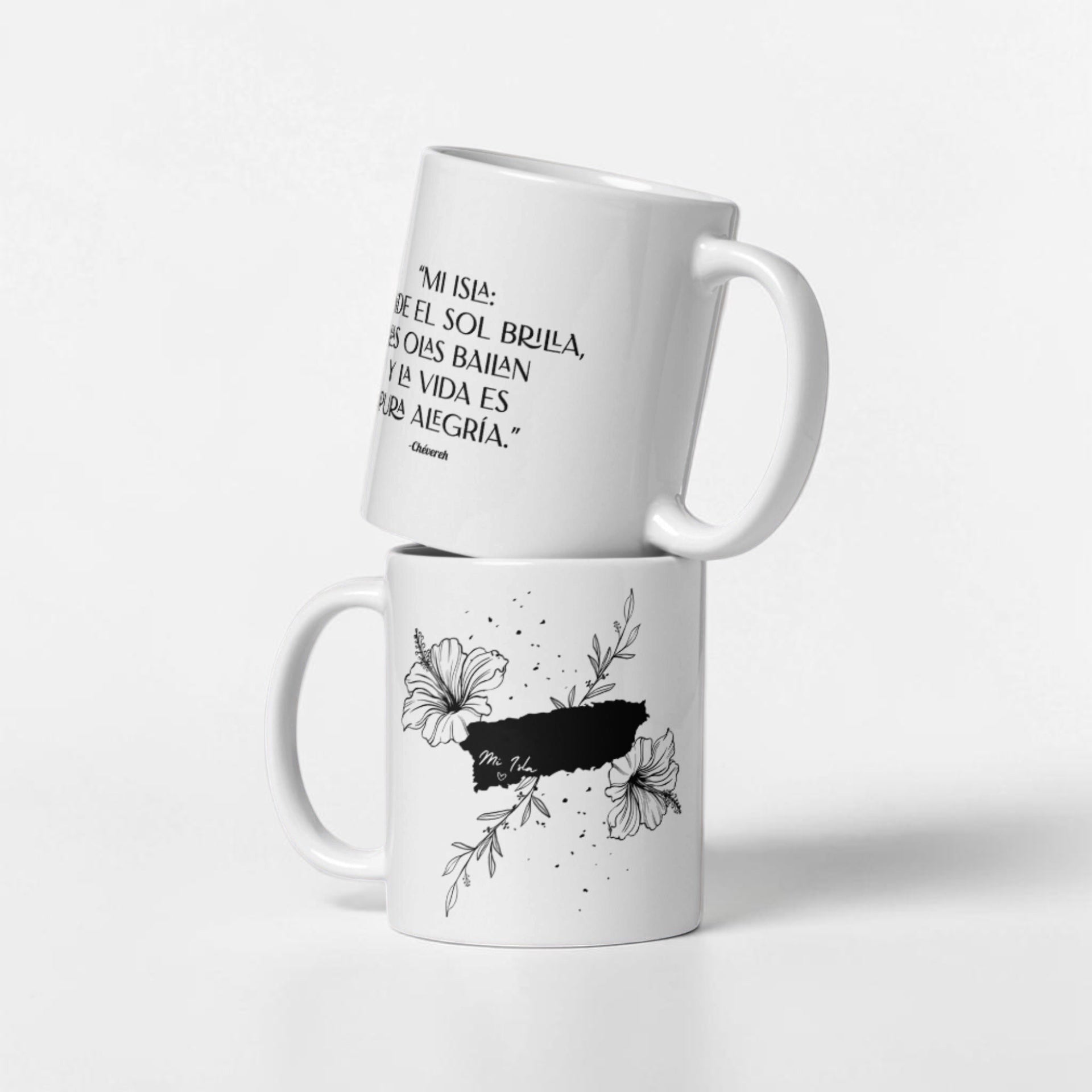 Chévereh Island Vibes white ceramic mug with black line art of Puerto Rico, hibiscus flowers, and text.