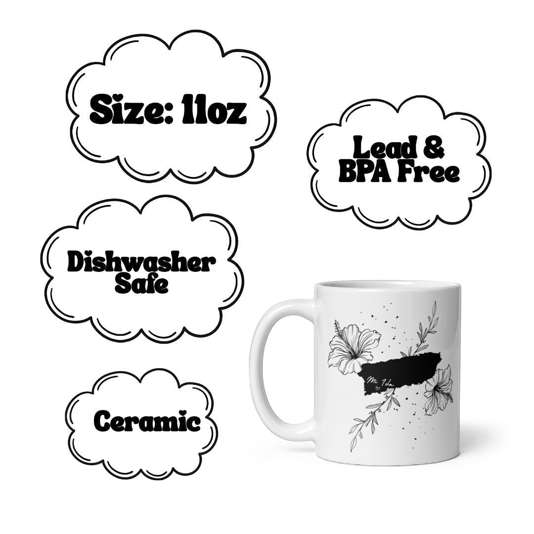 Chévereh Island Vibes white ceramic mug with black line drawing of Puerto Rico, hibiscus flowers, and leaves. 11oz, dishwasher safe.