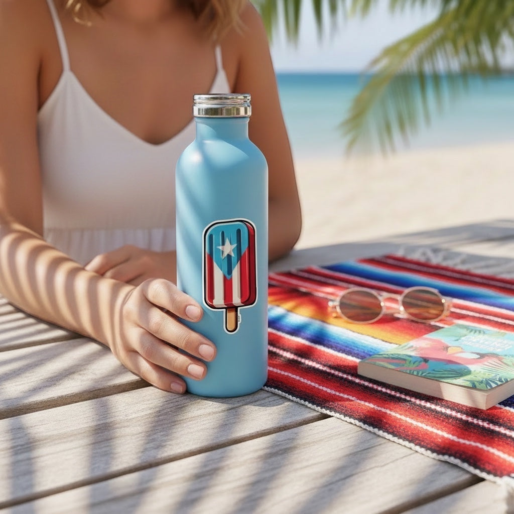 Chévereh Puerto Rico paleta flag vinyl sticker on a blue water bottle at the beach.