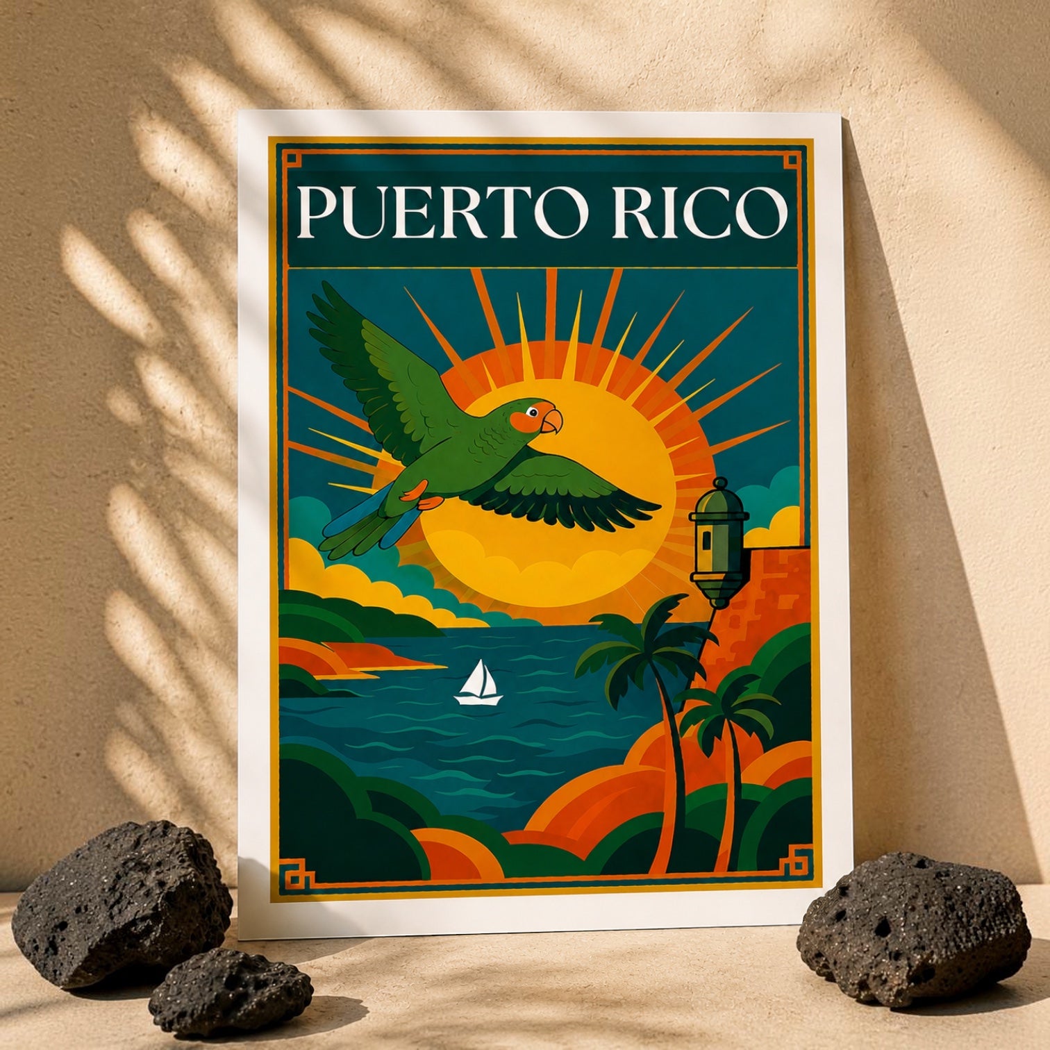 Chévereh Puerto Rico digital art print with a green parrot flying over the ocean near El Morro fortress.