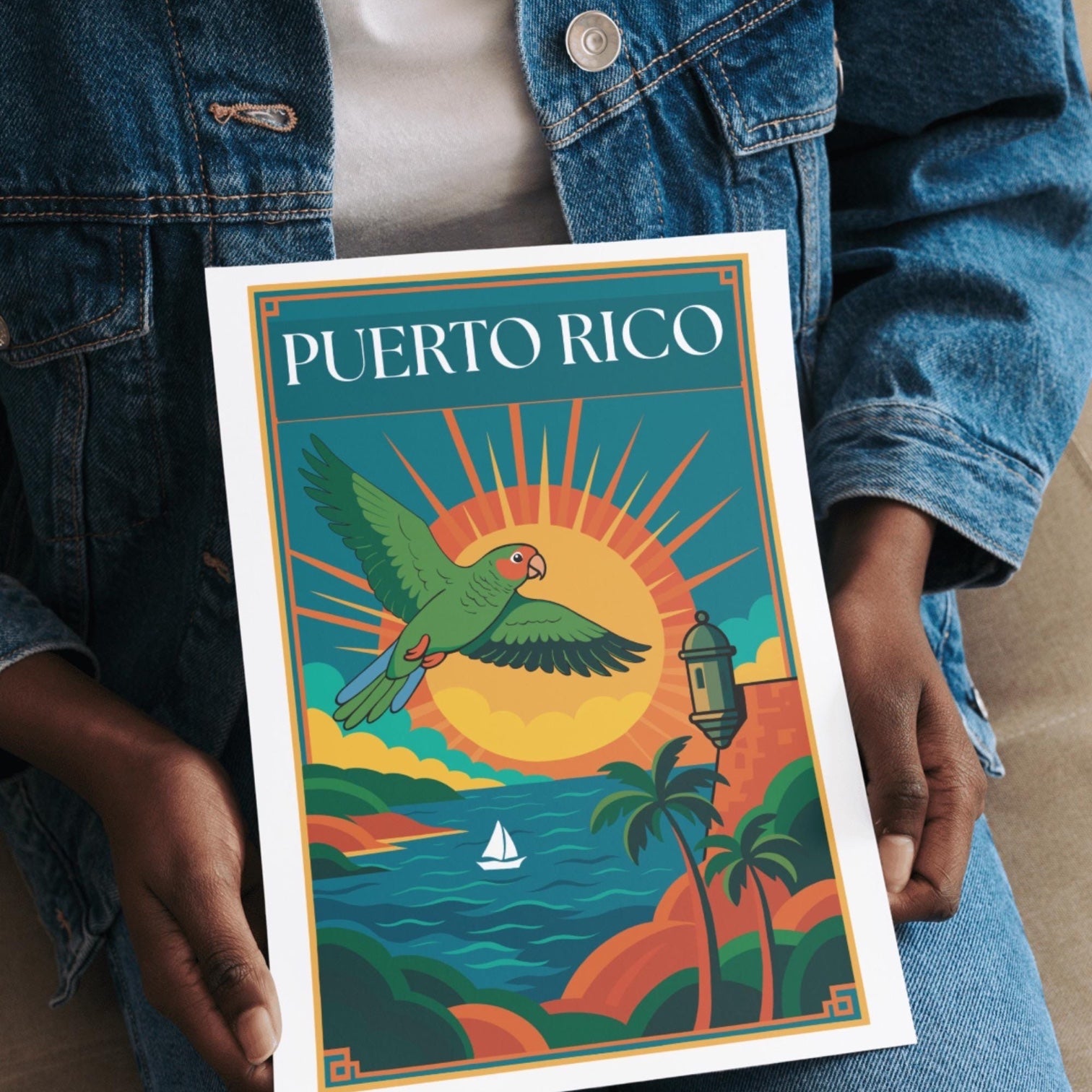 Chévereh Puerto Rico digital art print featuring a green parrot in flight, sun, El Morro, and tropical foliage.