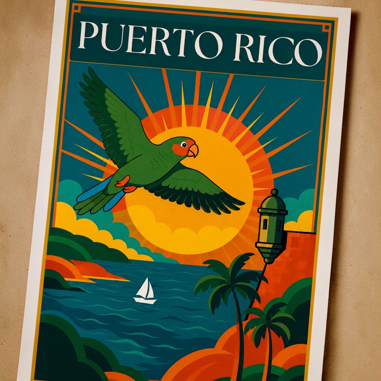 Chévereh Digital Art Print: Puerto Rican parrot in flight with sun, El Morro, and tropical foliage. Teal, orange, green.