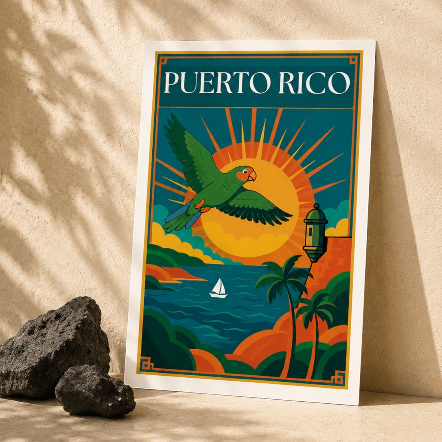 Chévereh Digital Art Print of a green Puerto Rican parrot flying over the ocean with El Morro fortress and palm trees.