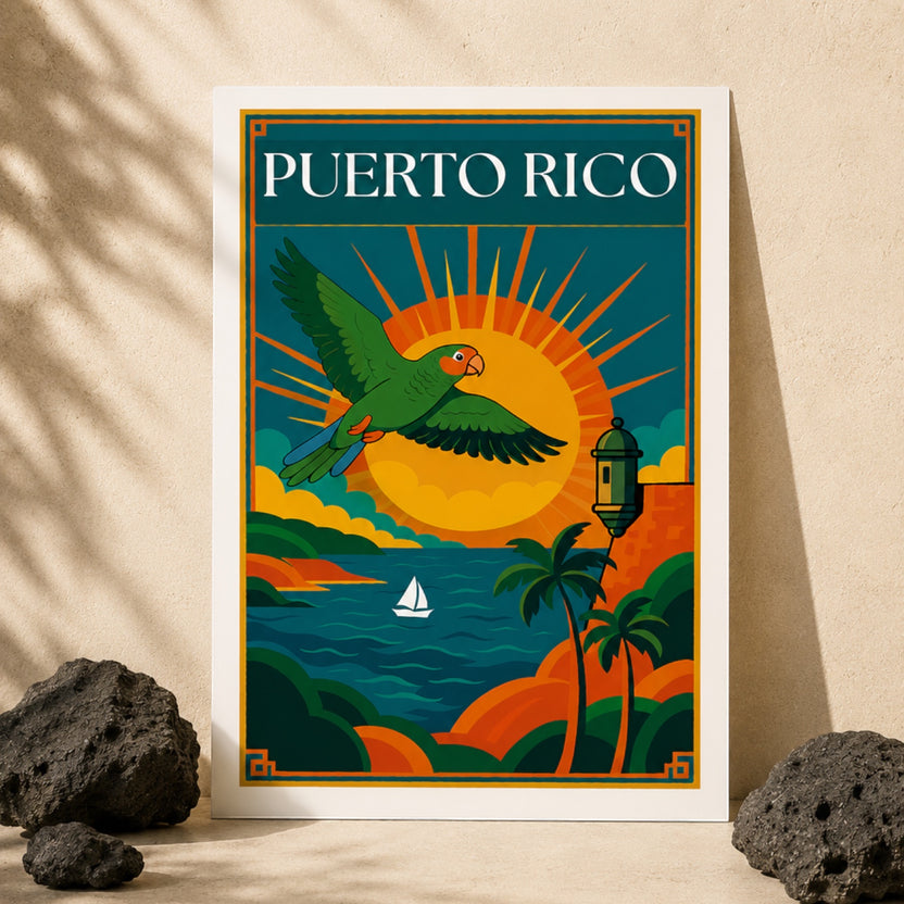 Chévereh Puerto Rico digital art print featuring a green parrot in flight, sun, El Morro, palm trees, and sailboat.