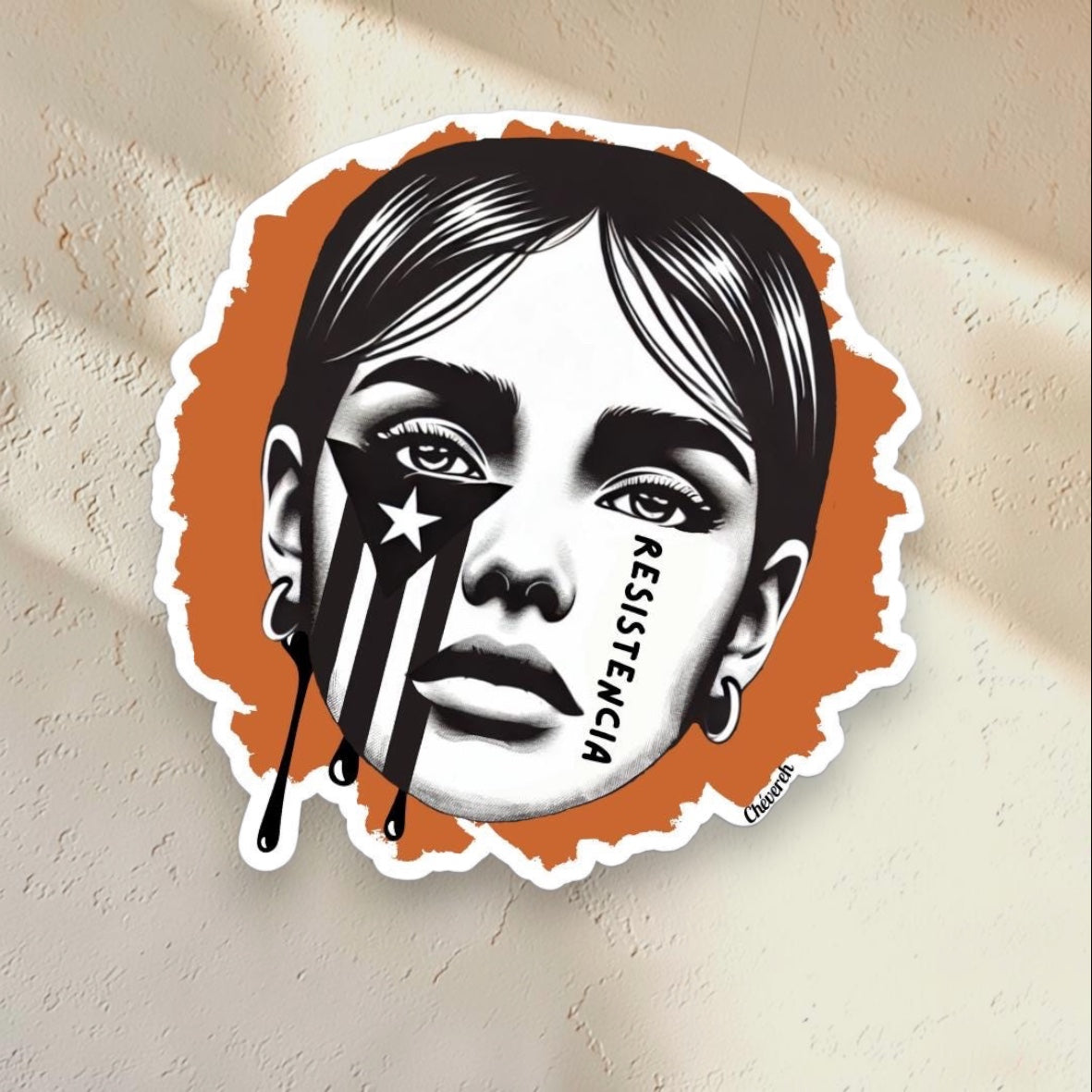Chévereh Resistencia Puerto Rico vinyl sticker featuring a woman's face with the flag and "RESISTENCIA" text. Waterproof, glossy.