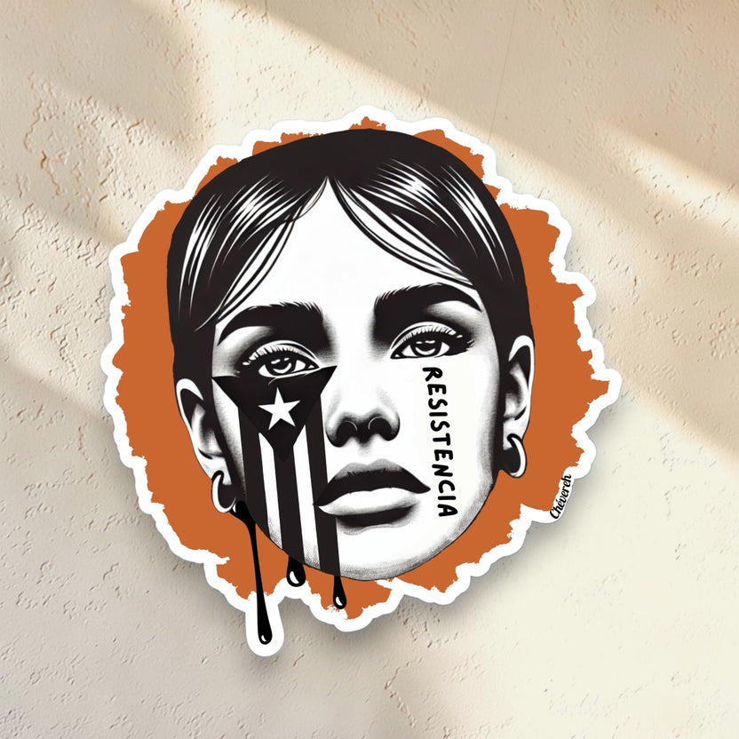 Chévereh Resistencia Puerto Rico vinyl sticker featuring a woman's face with the flag and "RESISTENCIA" text. Waterproof, glossy.