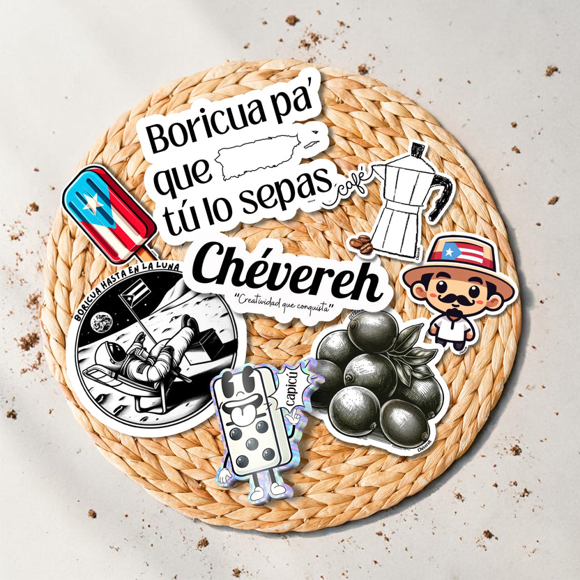 Chévereh Puerto Rican sticker pack with flag, quenepas, astronaut, coffee maker, and Boricua text.