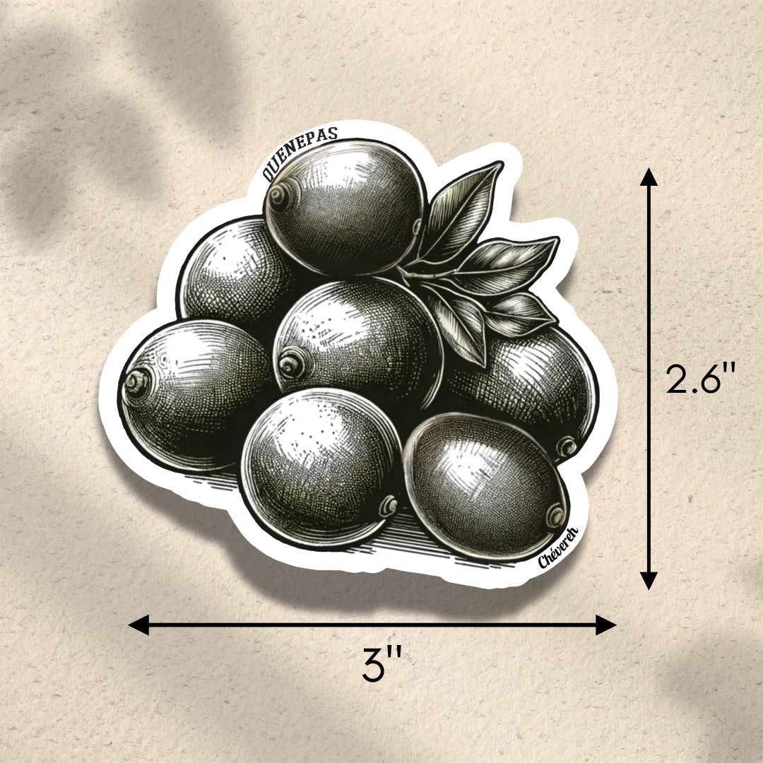 Chévereh Quenepas vinyl sticker, detailed monochrome engraving of fruit with leaves, waterproof glossy finish.