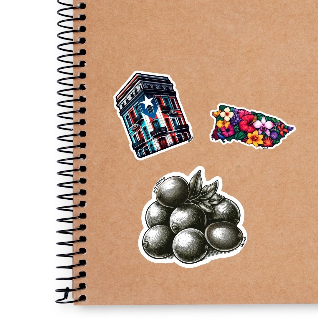 Chévereh Quenepas vinyl sticker featuring a detailed black and white illustration of quenepas fruit with leaves. Waterproof and glossy finish.
