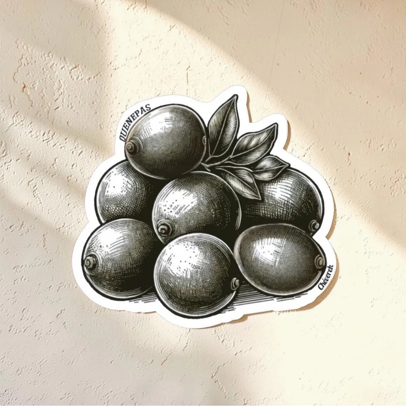 Chévereh Quenepas vinyl sticker with a detailed, engraved-style illustration of seven quenepas fruits and leaves. Waterproof and glossy finish.