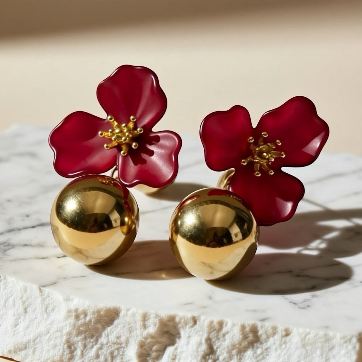 Chévereh red hibiscus floral ball drop earrings with gold accents, 18K gold plated stainless steel.