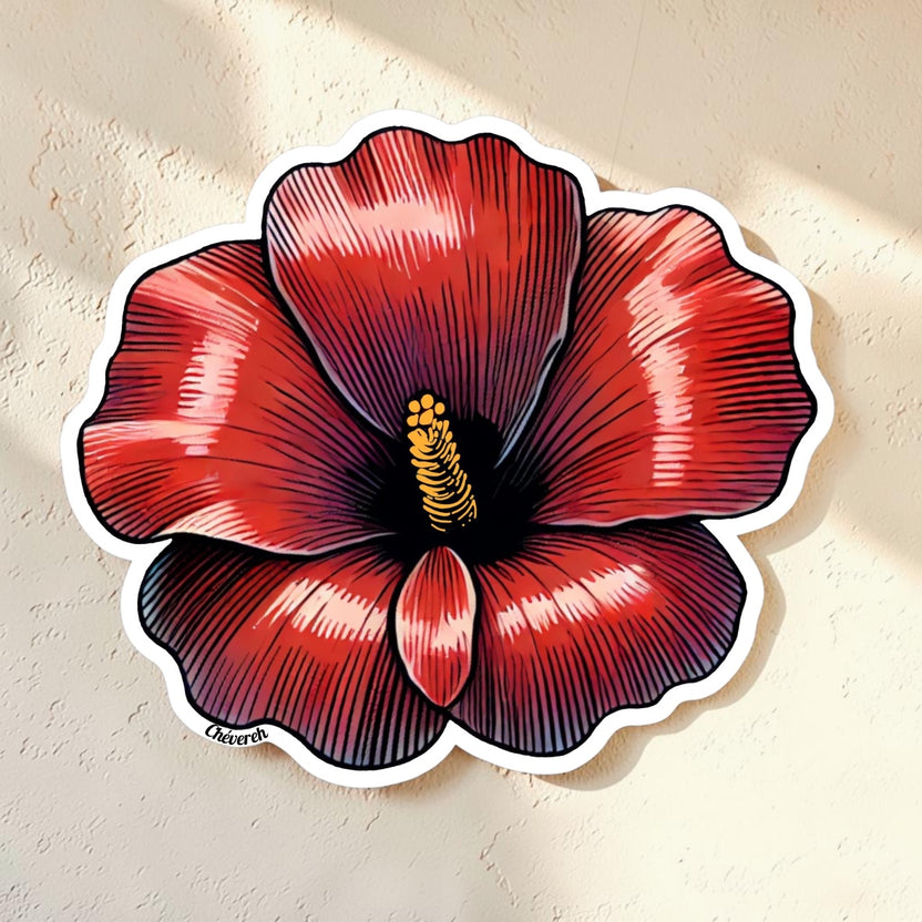Chévereh red maga flower vinyl sticker with glossy finish and detailed linework. Waterproof.