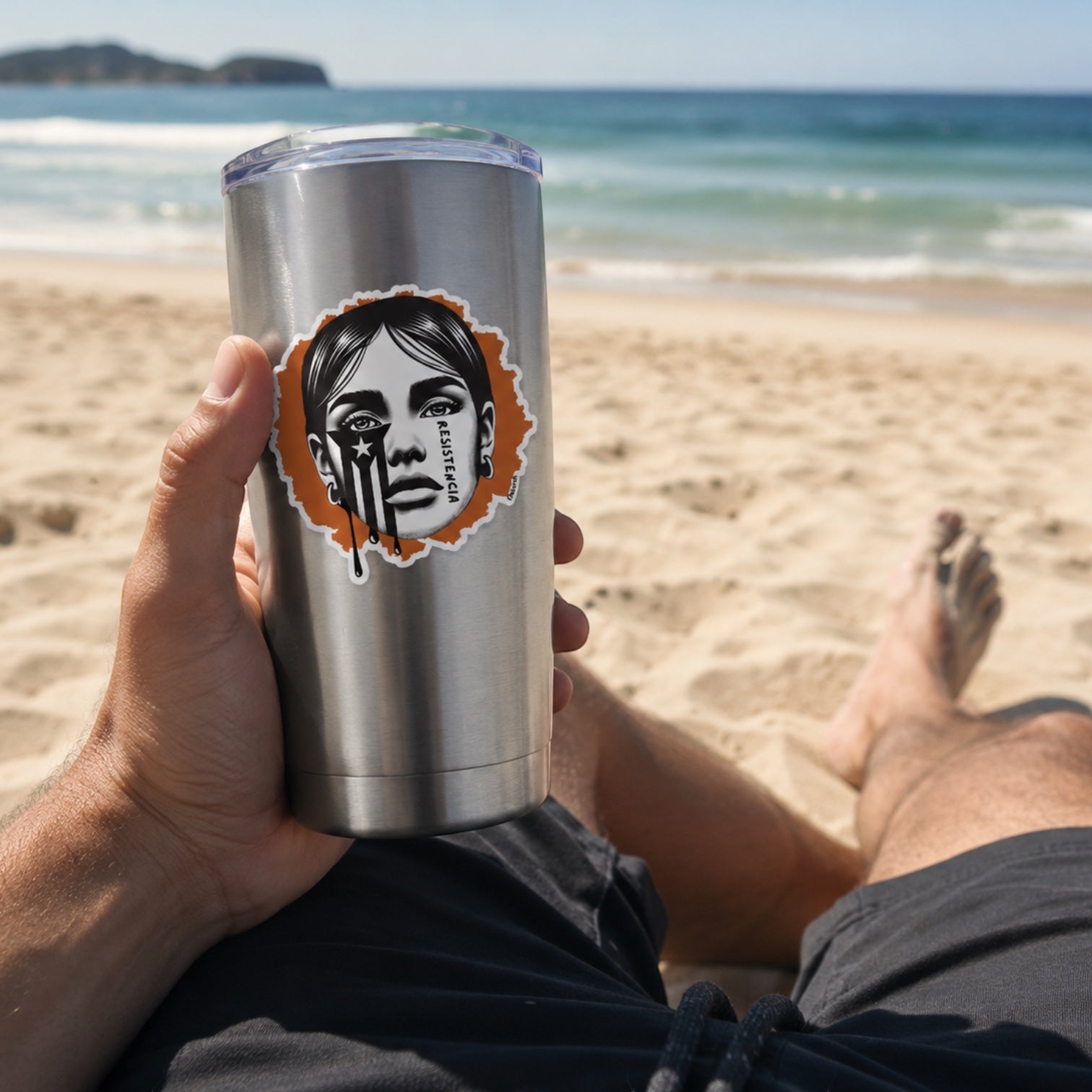 Chévereh Resistencia Puerto Rico vinyl sticker featuring a woman's face with the flag and "RESISTENCIA" text. Waterproof, glossy.