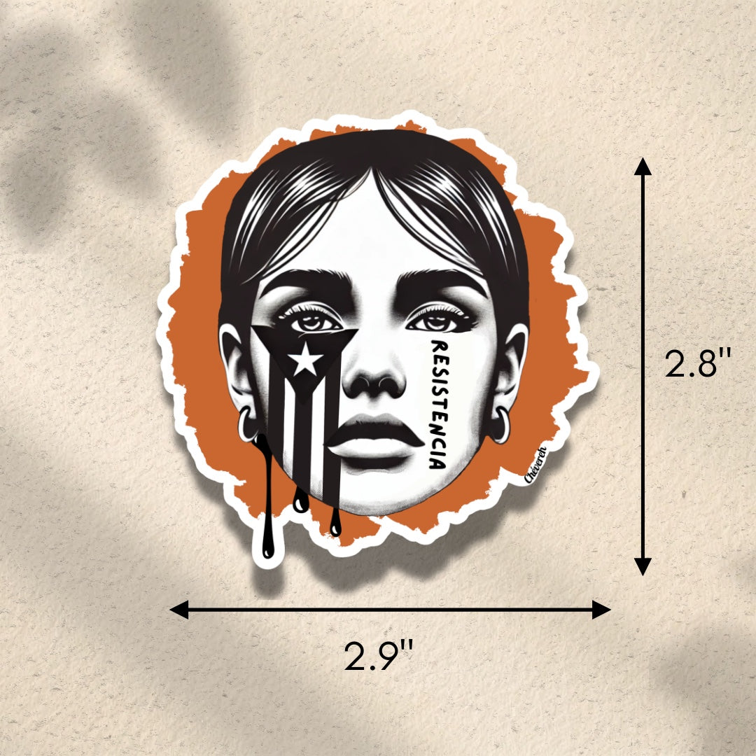 Chévereh Resistencia Puerto Rico vinyl sticker featuring a woman's face with the flag and "RESISTENCIA" text. Waterproof, glossy.