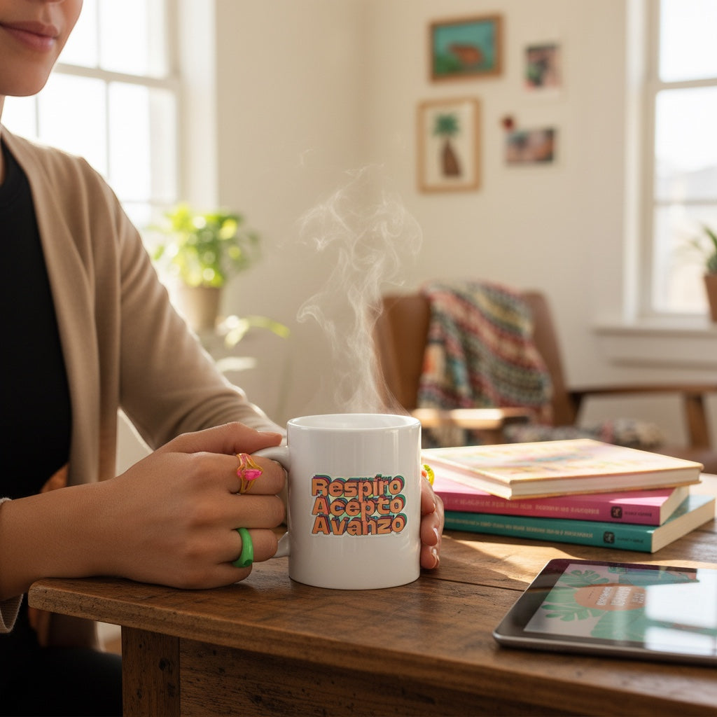 Chévereh white mug with colorful "Respiro Acepto Avanzo" text, steaming hot beverage. Mindfulness gift.