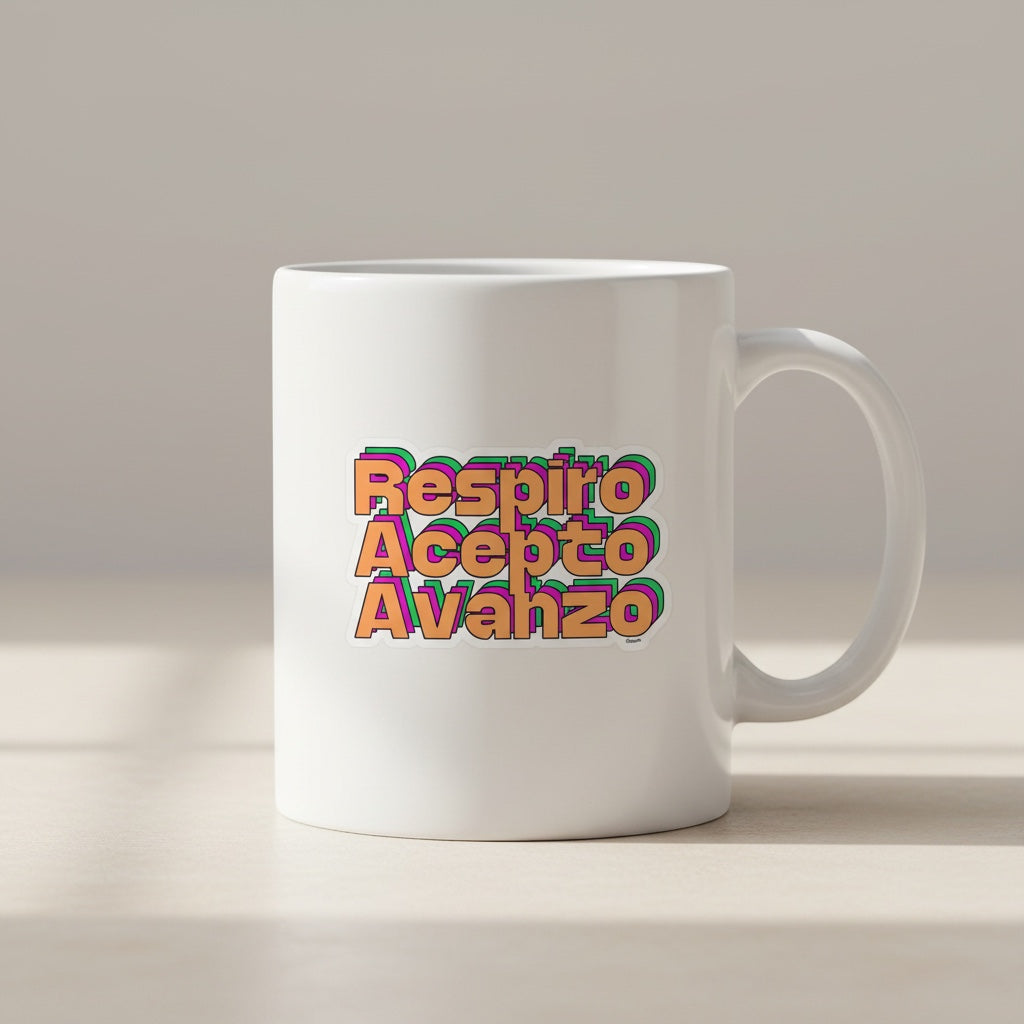 Chévereh Respiro Acepto Avanzo vinyl sticker with colorful 3D lettering on a white mug.