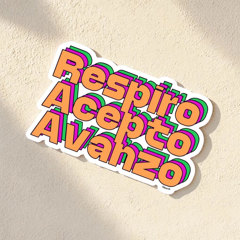 Chévereh Respiro Acepto Avanzo vinyl sticker with orange, pink, and green layered lettering on a textured background.