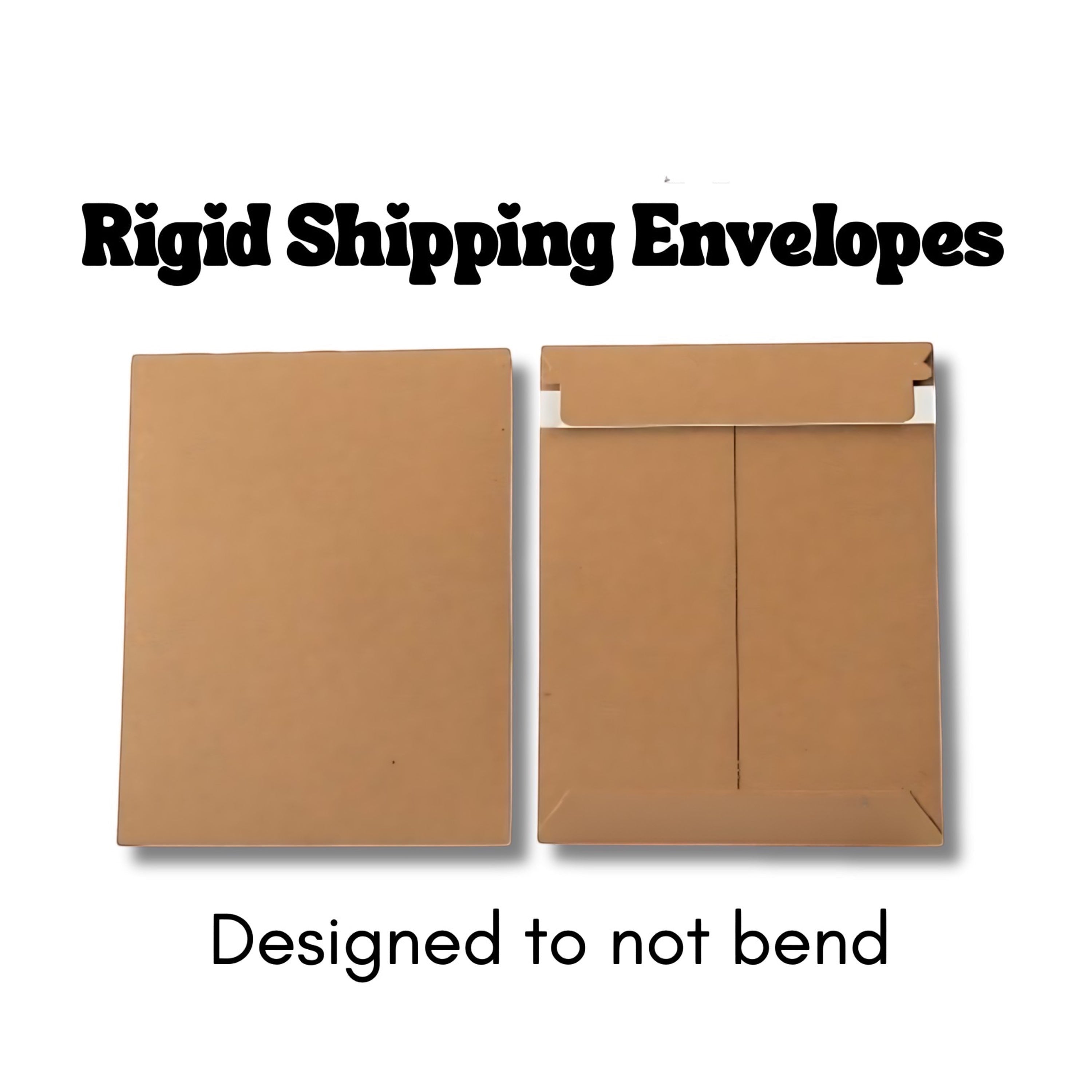 Chévereh rigid shipping envelopes, brown cardstock, designed to not bend. Front and back view.