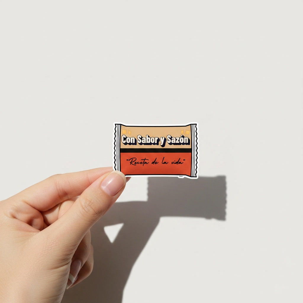 Chévereh Sticker: Con Sabor y Sazón vinyl sticker with glossy finish, featuring food label design and Spanish text.