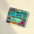 Chévereh San Juan boarding pass vinyl sticker with tropical flowers, palm trees, a cocktail, and an airplane. Waterproof and glossy finish.