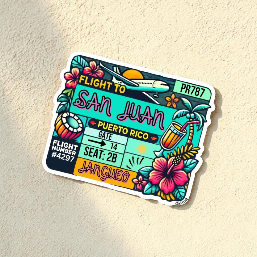 Chévereh San Juan boarding pass vinyl sticker with tropical flowers, palm trees, a cocktail, and an airplane. Waterproof and glossy finish.