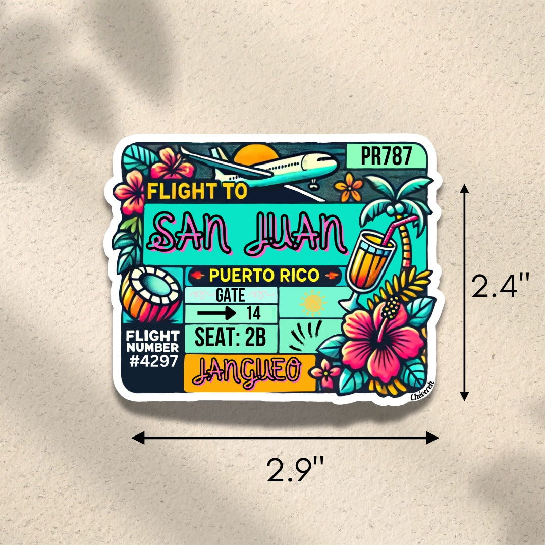 Chévereh San Juan boarding pass sticker with tropical design, airplane, hibiscus flowers, palm trees, and a cocktail.