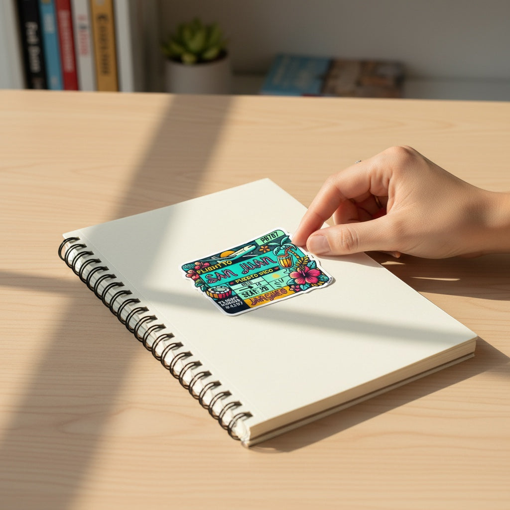 Chévereh San Juan boarding pass vinyl sticker with tropical design, waterproof and glossy finish.