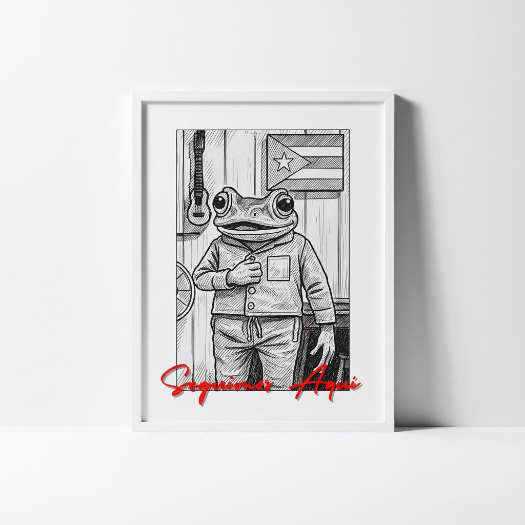 Chévereh Seguimos Aquí digital art print of a frog in casual clothes, Puerto Rican flag, and guitar. Black and white sketch.