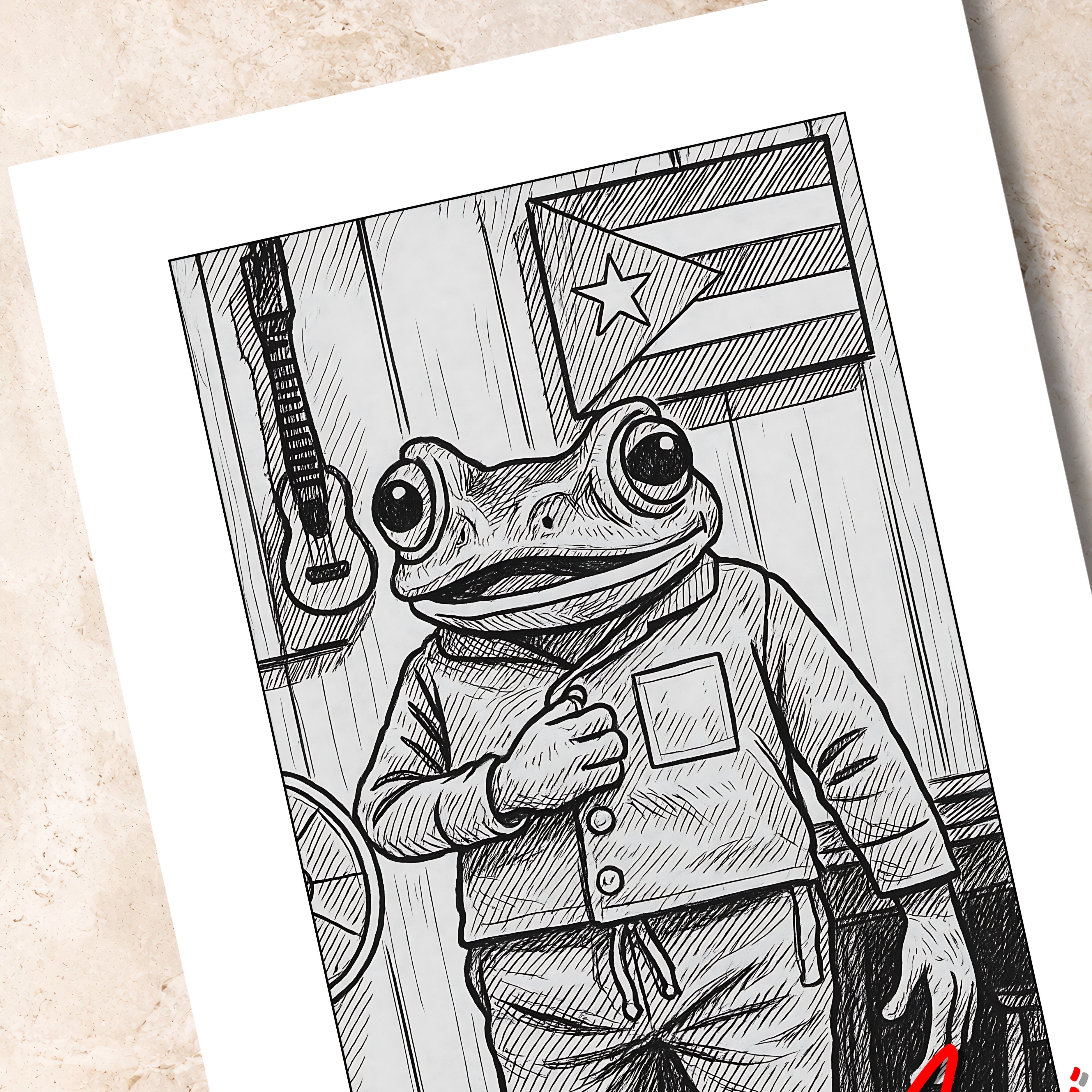 Chévereh Seguimos Aquí digital art print of a frog in pajamas in front of a Puerto Rican flag and guitar. Black and white sketch.